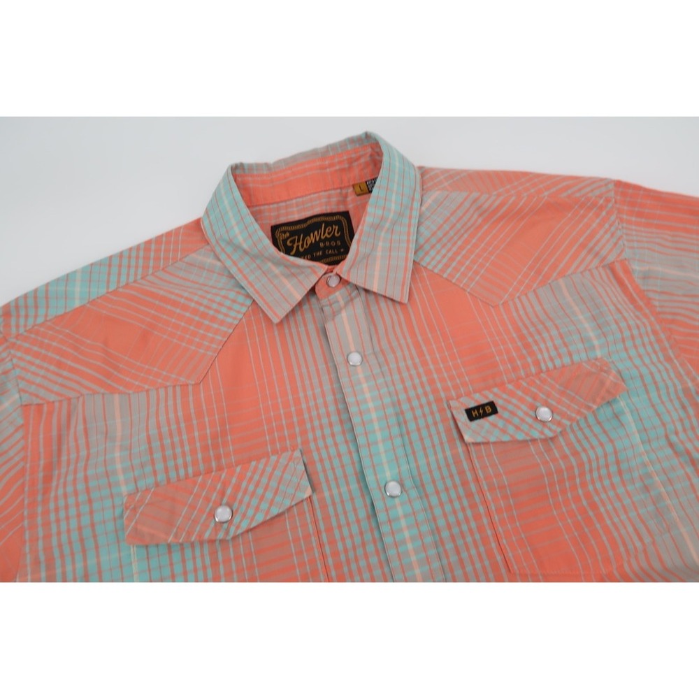 Howler Brothers H Bar B Snap Western Shirt Mens Large Coral Plaid Short Sleeve